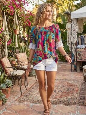 WinWin Paisley Off-Shoulder Tunic in Pink and Turquoise